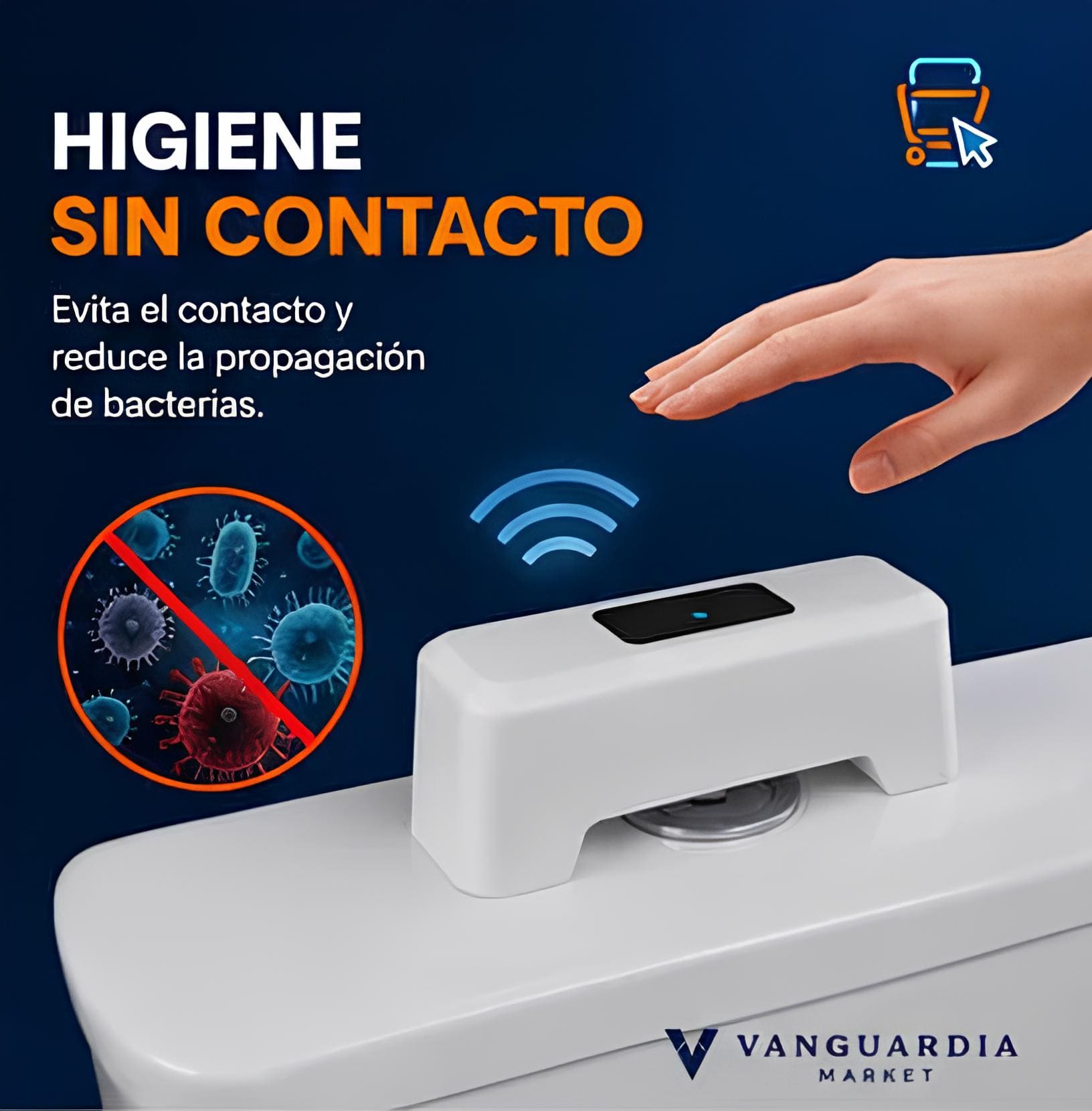 Sensor automático para inodoro que evita el contacto con superficies, ayudando a reducir la propagación de bacterias y mejorando la higiene en el baño.