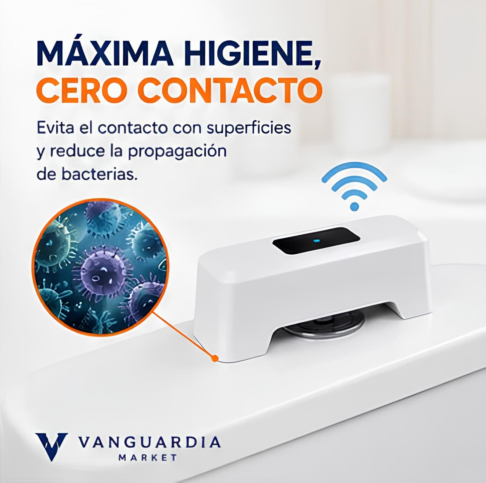 Sistema de descarga automática para inodoro que evita el contacto con superficies y proporciona una experiencia más higiénica.