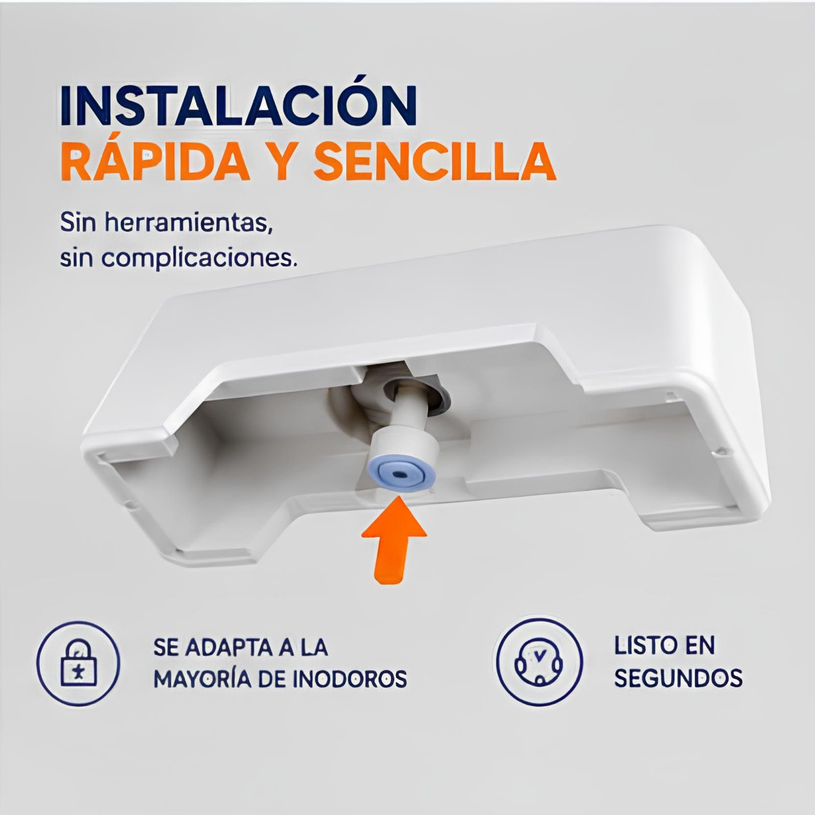 Vista inferior del sensor inteligente para inodoro mostrando el sistema de instalación rápida y sencilla.
