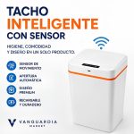 Tacho de basura inteligente con sensor automático de movimiento, color blanco con detalle naranja