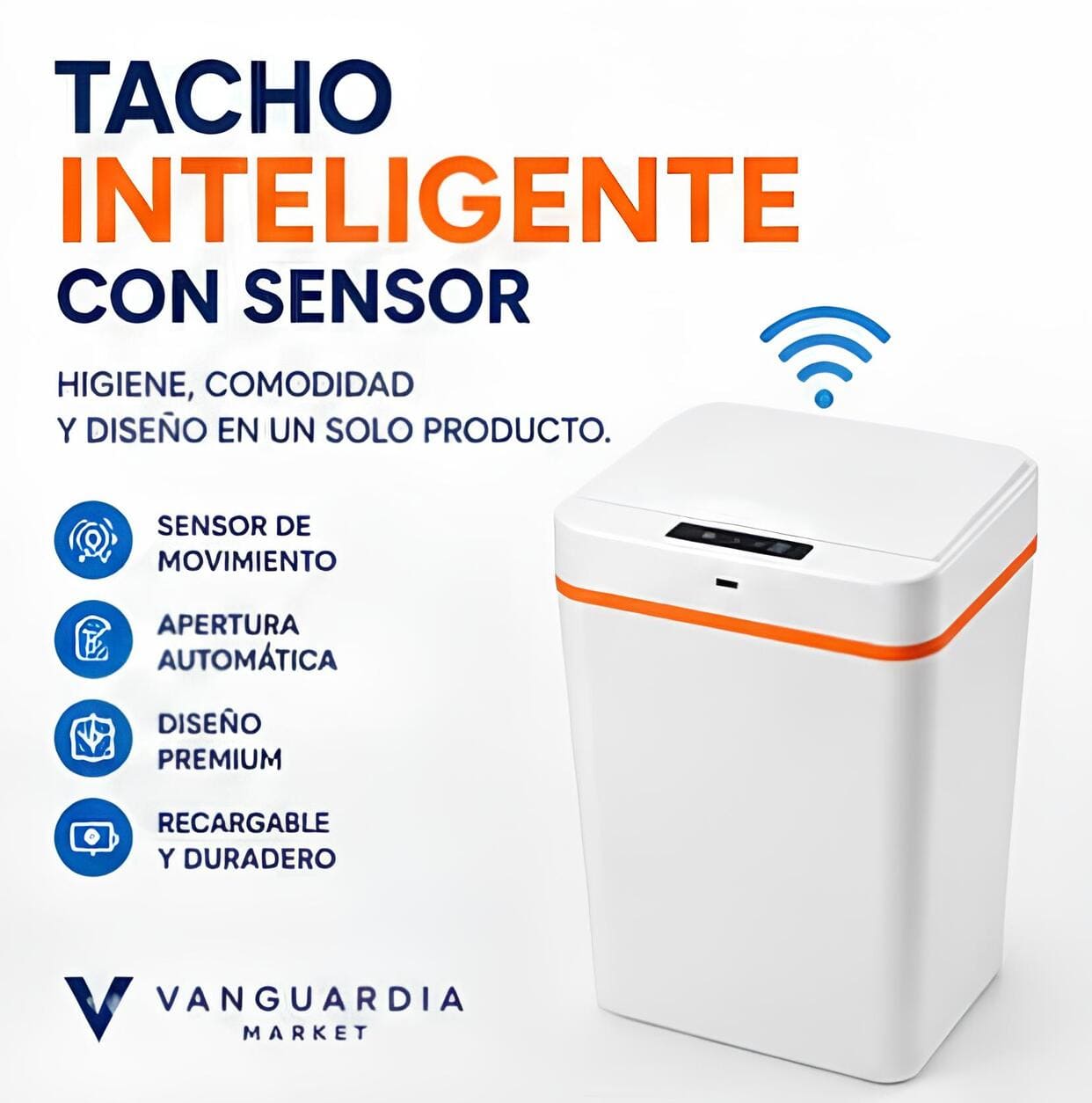 Tacho de basura inteligente con sensor automático de movimiento, color blanco con detalle naranja